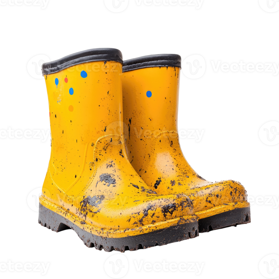 Yellow rubber boots with colorful spots, isolated on transparent background, png