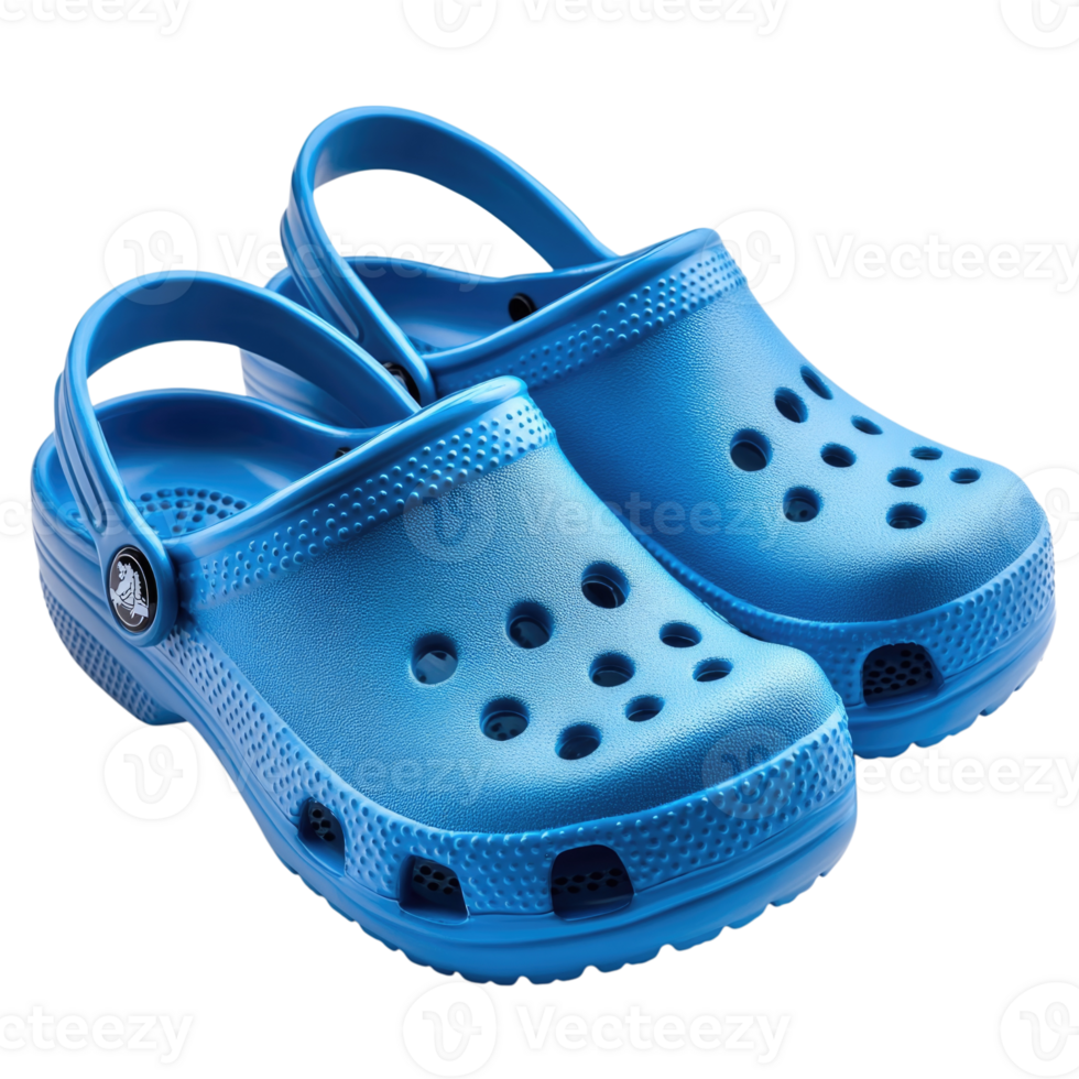 Comfortable blue clogs with ventilation holes isolated on transparent background, png