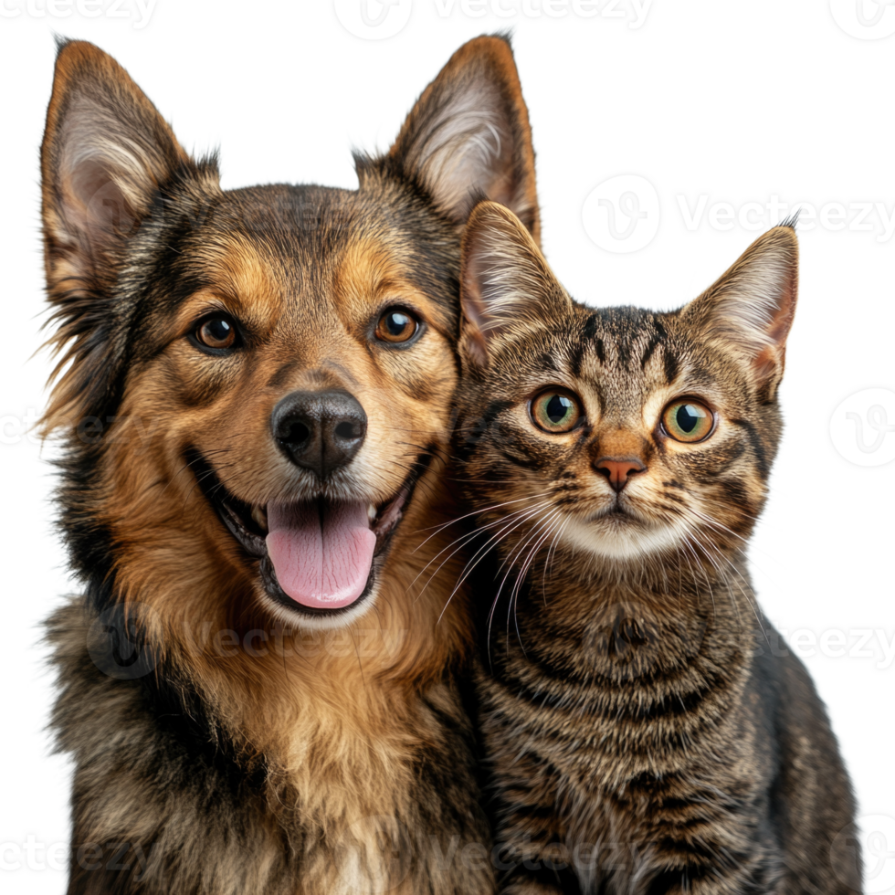 Happy dog and cat posing together, isolated on transparent background, png