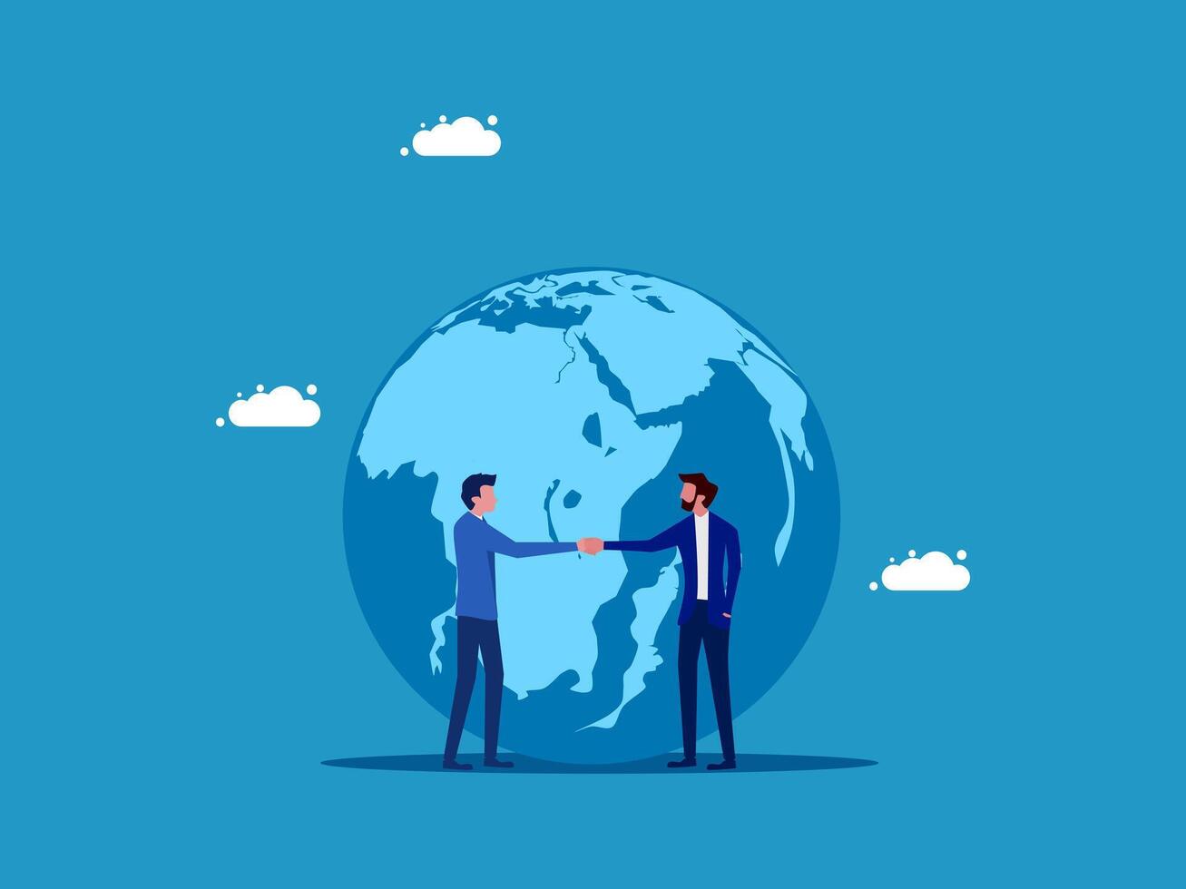 two businessmen shaking hands over a globe vector