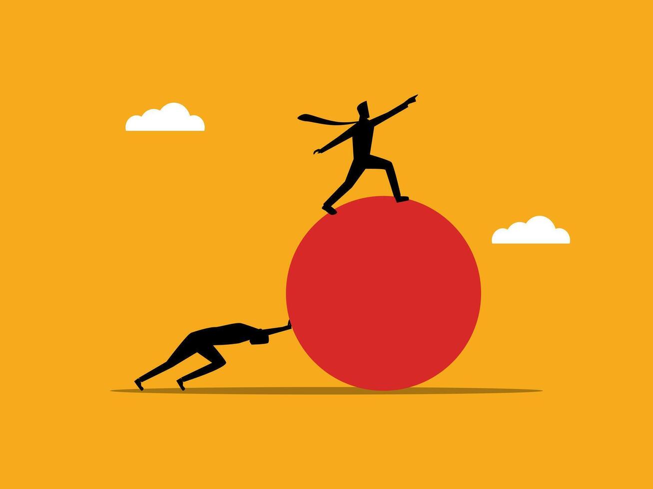 Businessman pushing a round object with his strategy leader vector