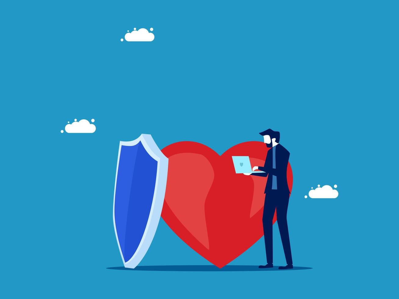 businessman with heart and shield on blue background vector
