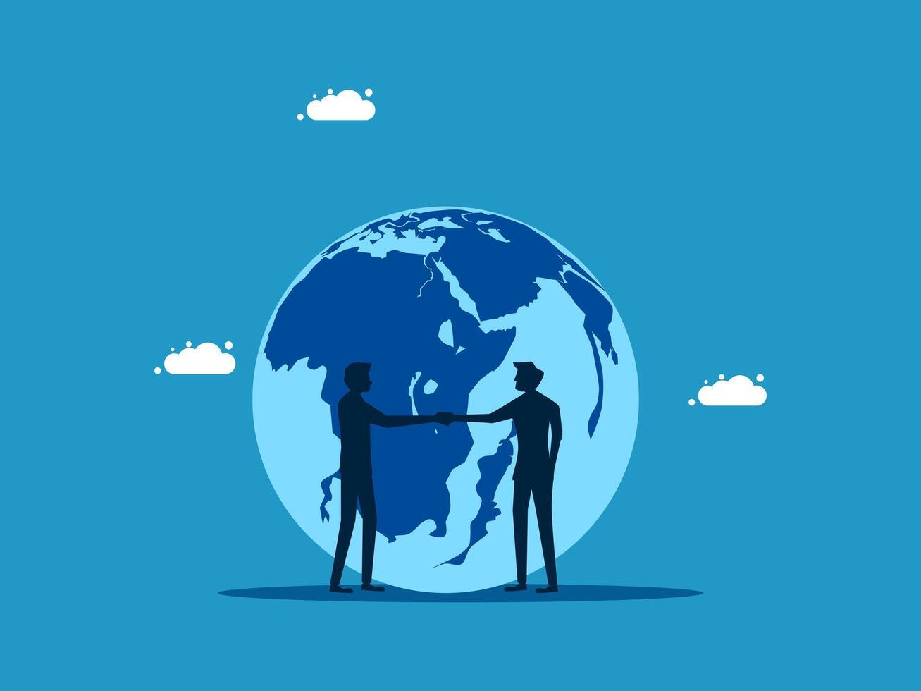 two man shaking hands over a globe vector