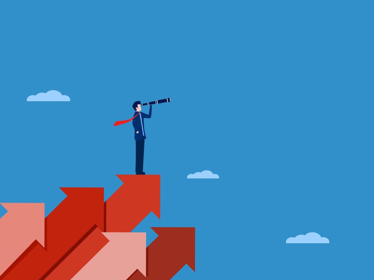 Looking for new advancements, man looking farsighted on an arrowhead pointing up vector