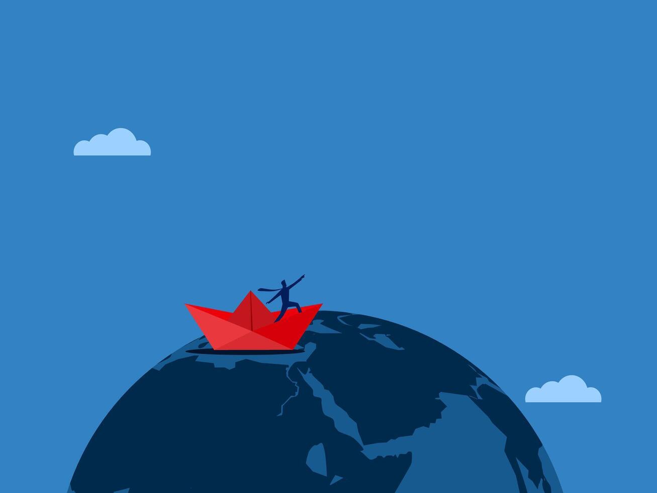 leaders on a paper boat with crew looking at the global economy vector
