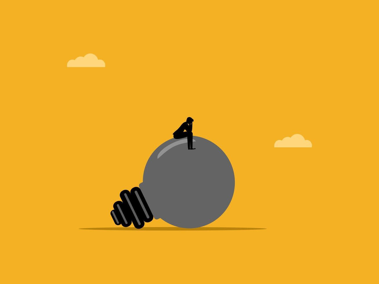 Stressed businessman can think on burned out light bulb vector