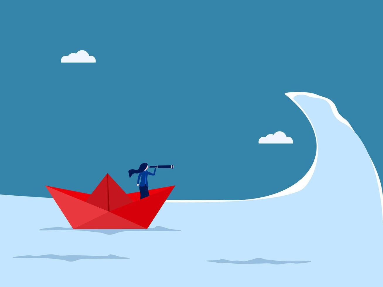 Vision, Businesswoman looking at telescope on sea waves. vector