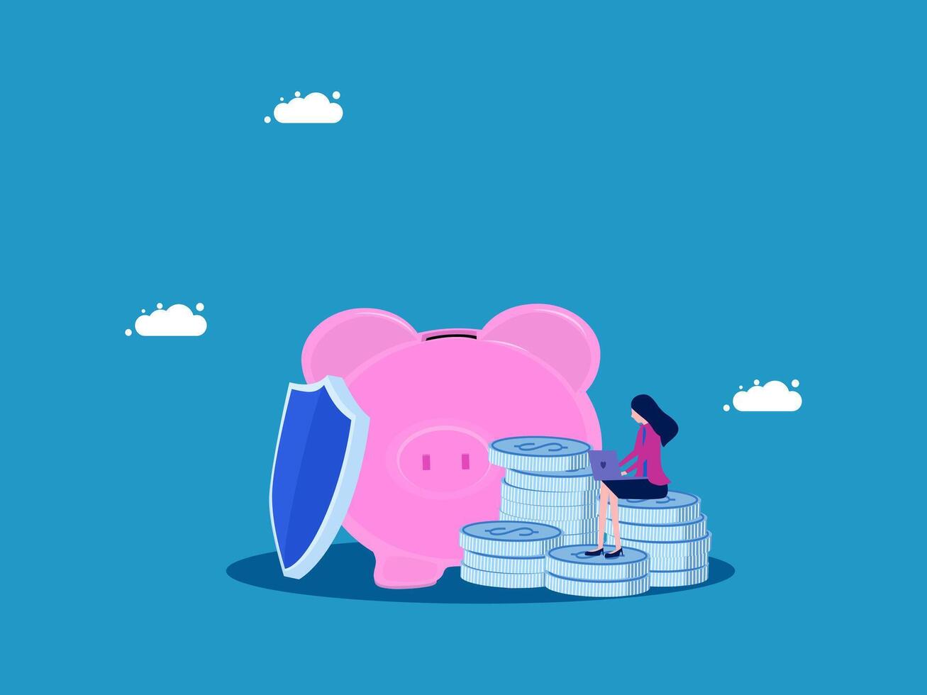 a woman sitting on top of a stack of money with a pink piggy bank vector
