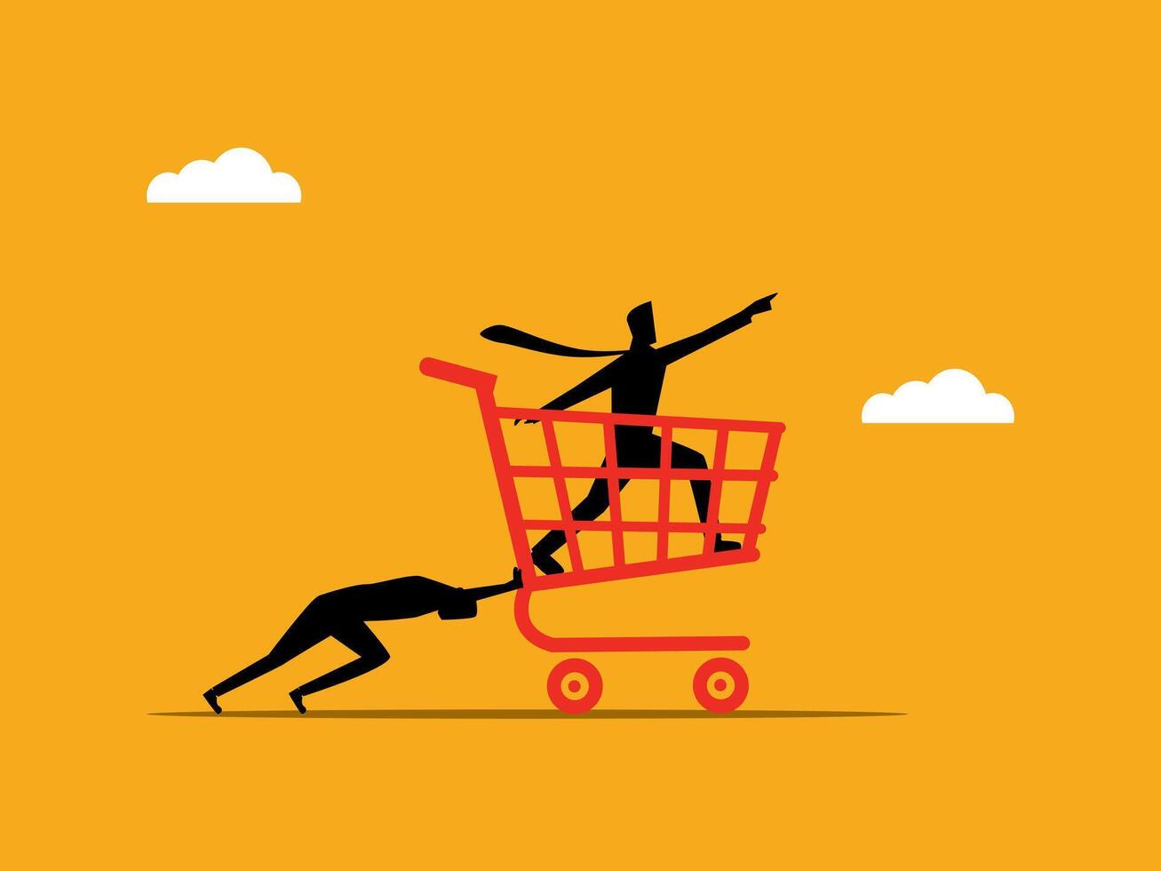 Try, Work hard, Product and Consumer, Employee pushes boss shopping cart forward vector