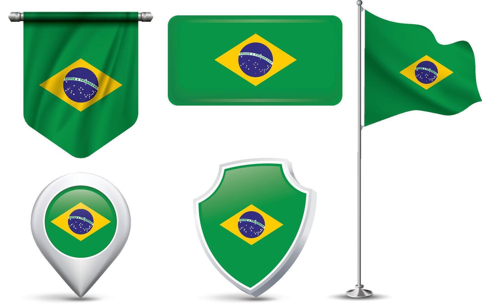 A set of 5 different designs of the Brazil flag in various shapes vector