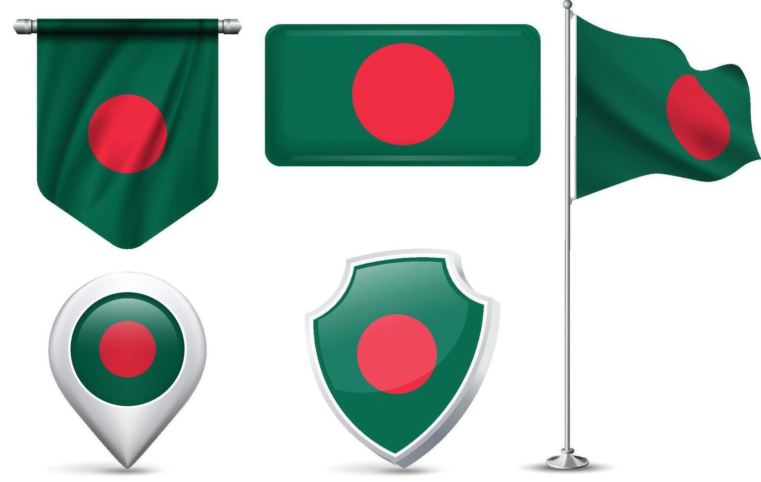 A set of 5 different designs of the Bangladesh flag in various shapes. vector