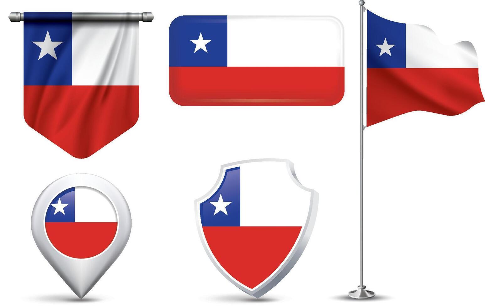 A set of 5 different designs of the Chilean flag in various shapes. vector