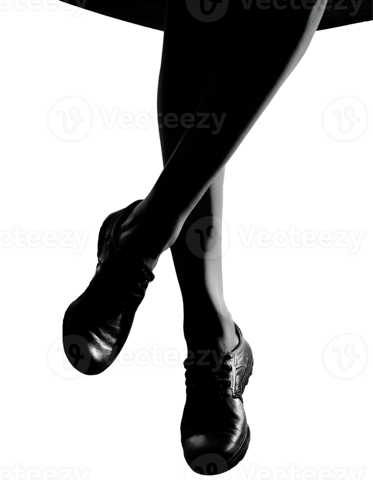2d black silhouette of dangling feet sitting with crossed legs, wearing polished shoes, elegant and relaxed posture, moody lighting and shadows, artistic expression on isolated background png
