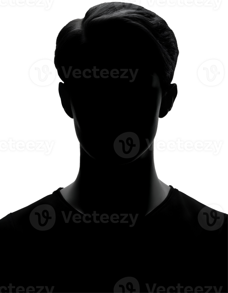 dramatic 2d black silhouette of a man with soft rim lighting, mysterious male portrait with hidden facial features and dark shadows, artistic low key lighting on isolated background png