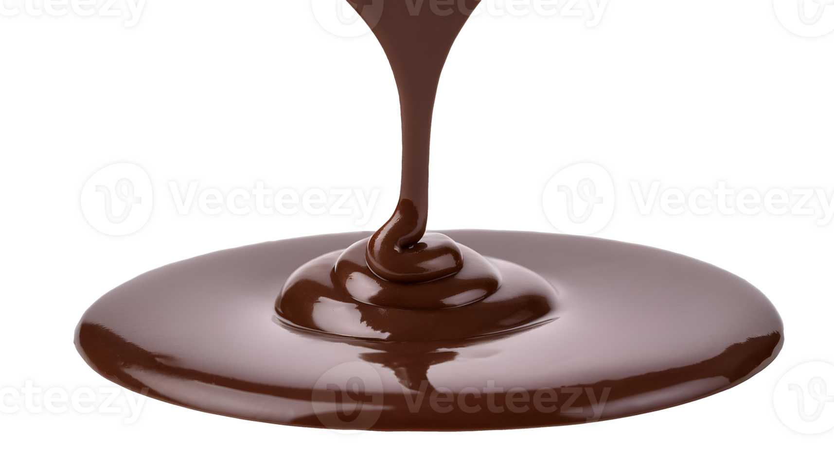 chocolate sauce dripping downward into a smooth circular pool, rich and glossy cocoa liquid swirl in isolated background, dessert topping and confectionery decoration png