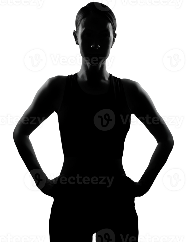 2d black silhouette of a confident woman standing with hands on hips, strong posture, assertive stance, leadership and empowerment concept, athletic fitness figure, on isolated background png