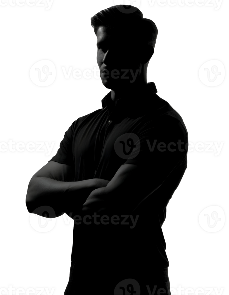 2d black silhouette of a standing man with arms crossed, faceless male figure for graphic design, digital illustration, and conceptual artwork on isolated background png
