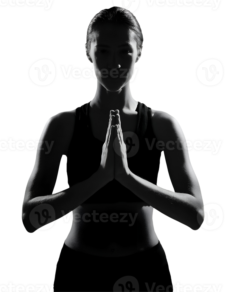 2d black silhouette of greeting or praying pose, hands in namaste position, meditation and mindfulness concept, yoga and spiritual practice, peaceful and calm expression on isolated background png