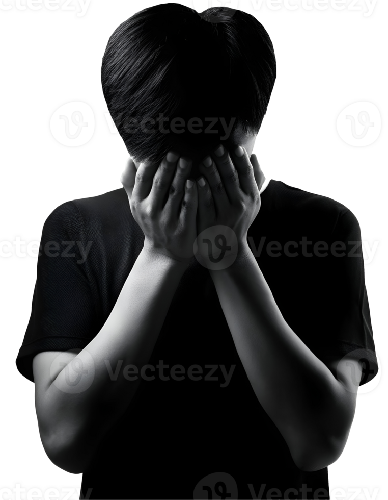 2d black silhouette of a person crying with head down, hands covering face in deep sadness and emotional distress, powerful concept of grief, despair, depression, and solitude on isolated background png
