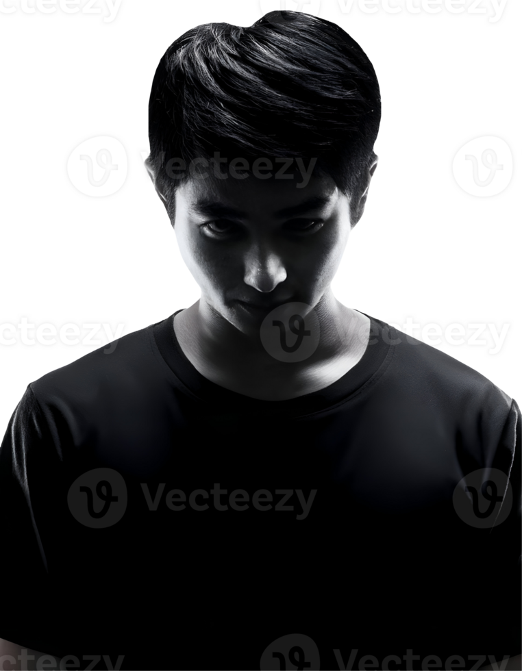 2d black silhouette of a person looking down with intense emotion, dramatic lighting and shadow emphasizing psychological depth, concept of mystery on isolated background png