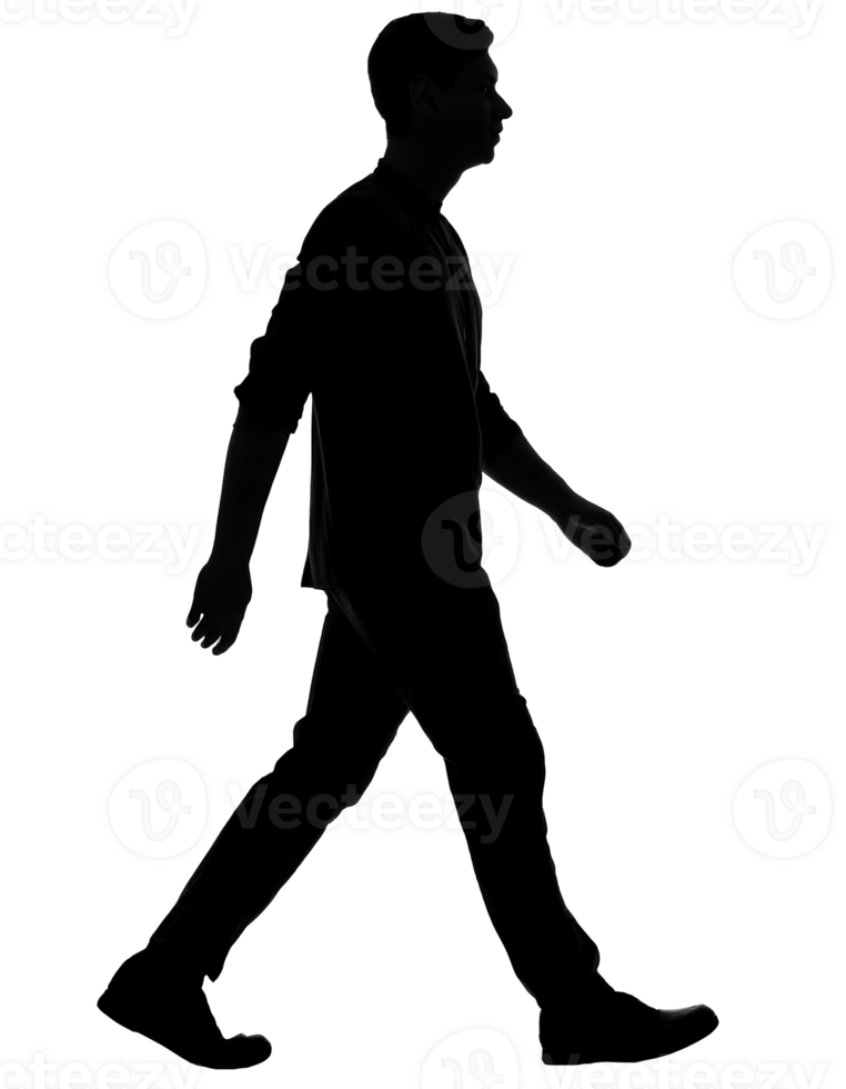 2d black silhouette of a casually walking man, side profile, wearing modern outfit, realistic motion, faceless human figure, dynamic pose for digital on isolated background png