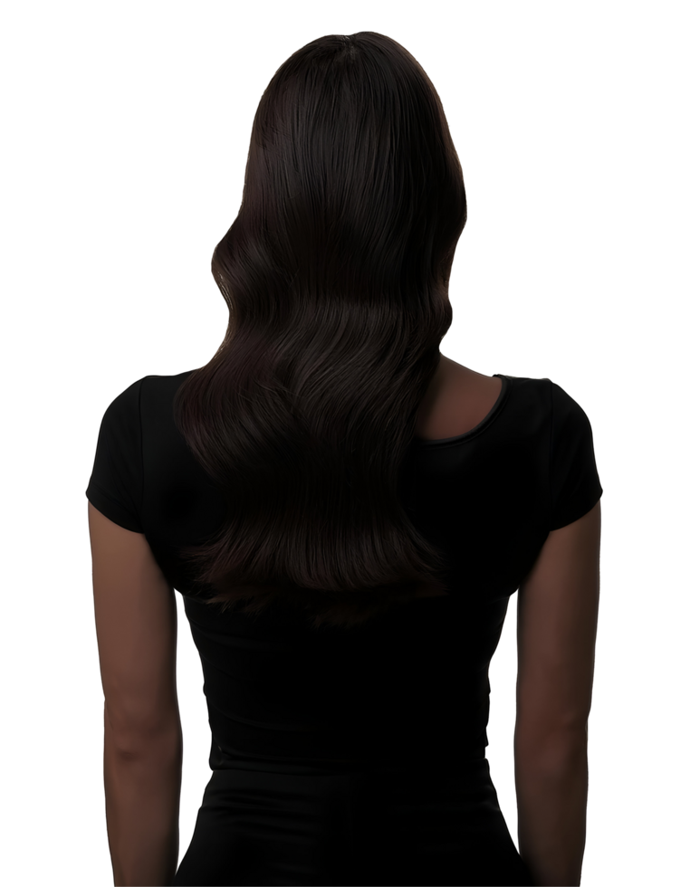 2d black silhouette of a back-facing woman with long wavy hair, faceless female figure for design, digital illustration, conceptual artwork, and anonymity representation on isolated background png