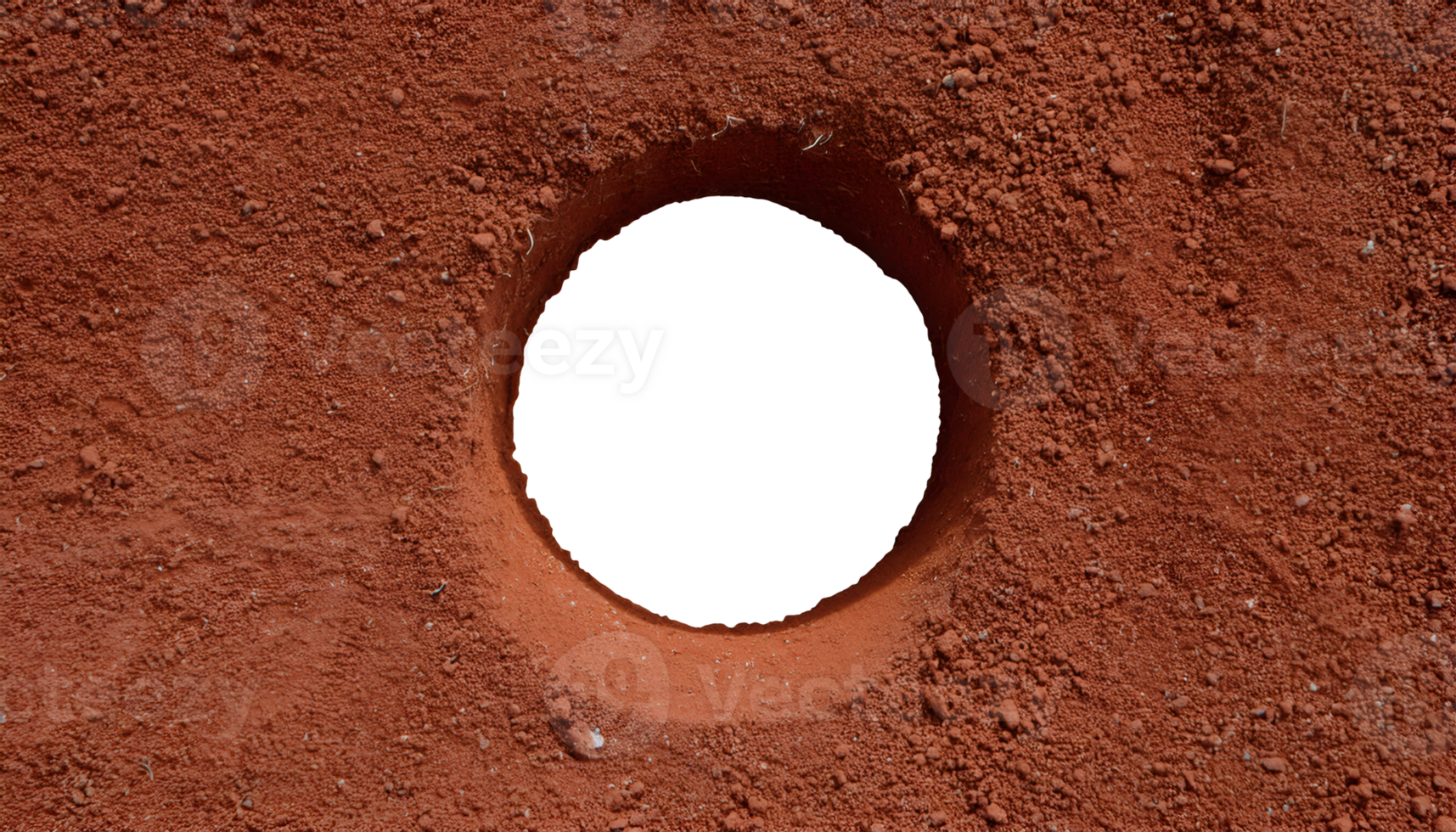 top view of a hole in red ground, exposed soil cavity, circular pit in textured dirt, excavation site, eroded terrain, isolated background png
