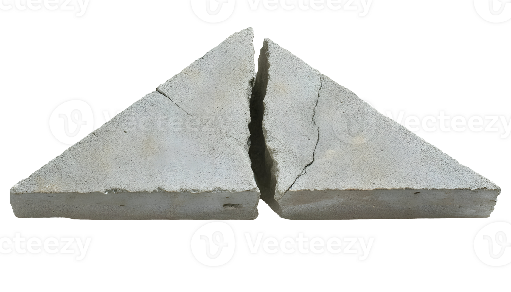 top view of cracked triangular concrete slab with deep fissure, broken cement structure, construction material fracture, industrial damage and weathered texture on isolated background png