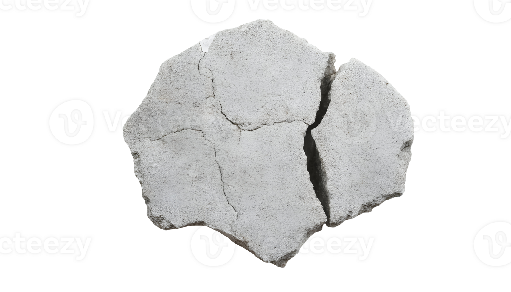 top view of cracked concrete fragment with deep fissures, broken cement slab, damaged construction material, structural weakness and decay on isolated background png