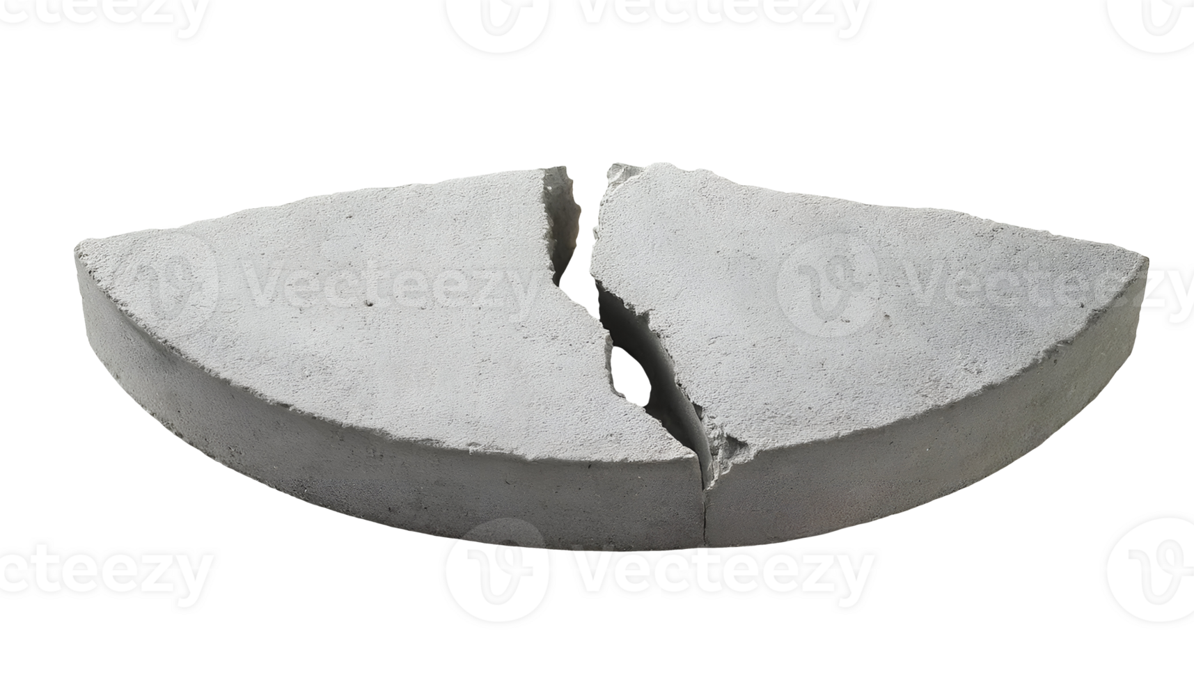 top view of a cracked semi-circle concrete slab with deep fissure, broken cement structure, industrial damage, fractured construction material on isolated background png