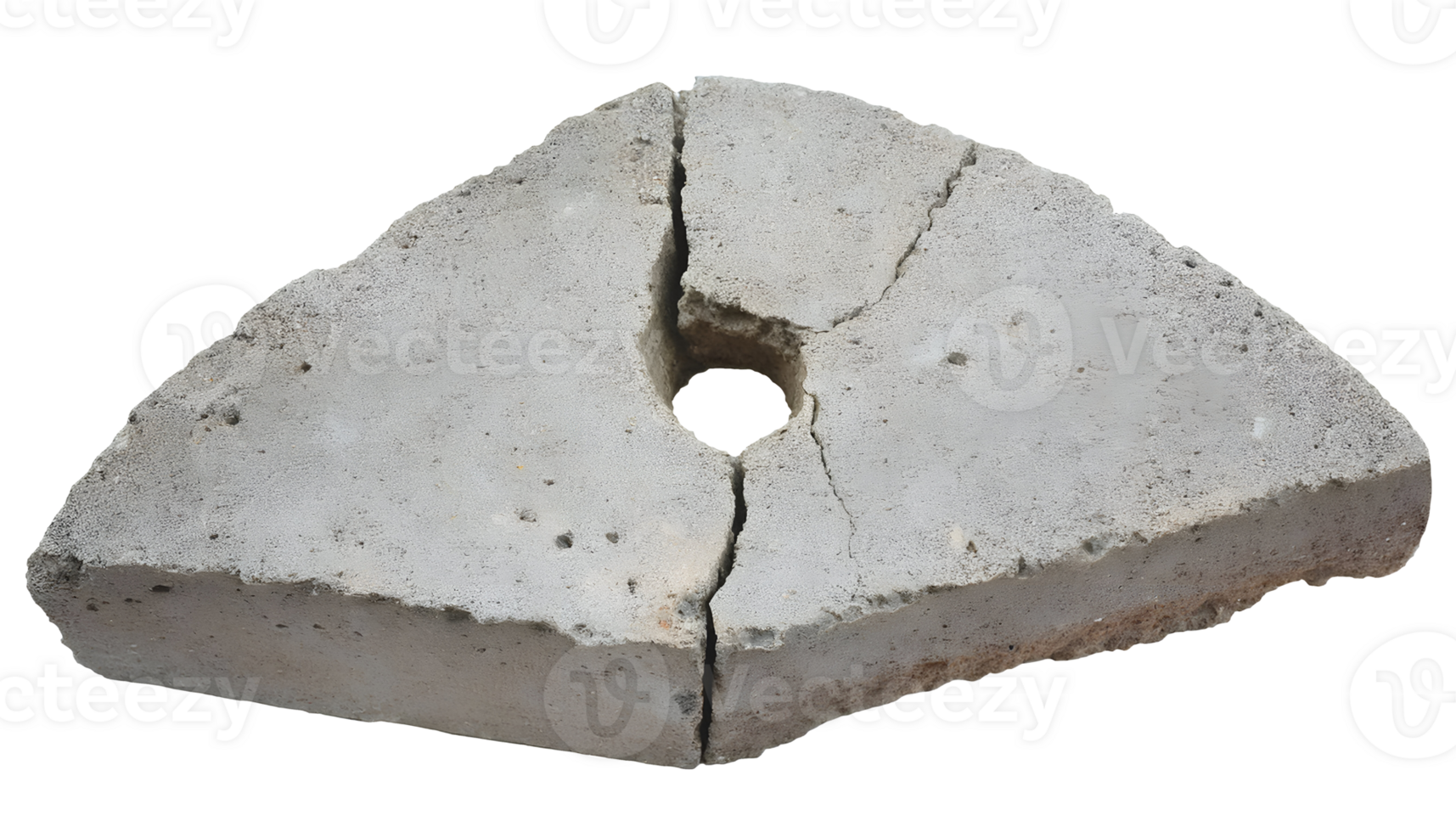 top view of a cracked triangular concrete slab with central hole, broken cement structure, industrial damage, fractured construction material on isolated background png