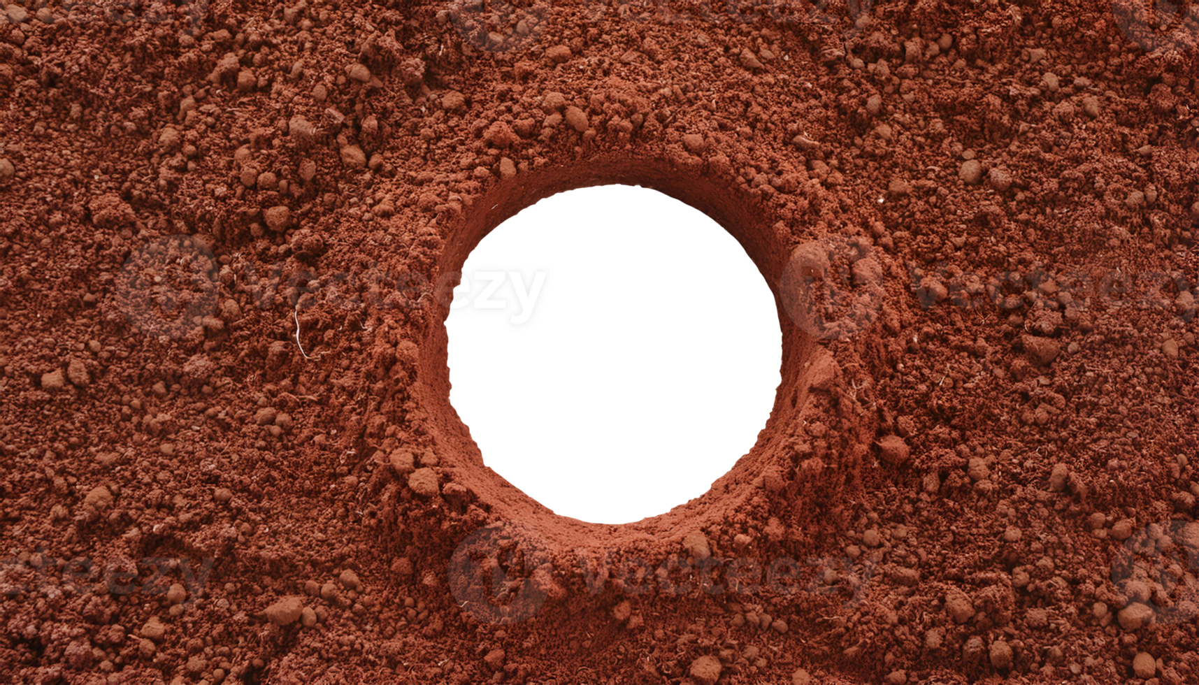 top view of a hole in red ground, textured soil pit, excavation site, circular trench in dry earth, exposed underground cavity on isolated background png