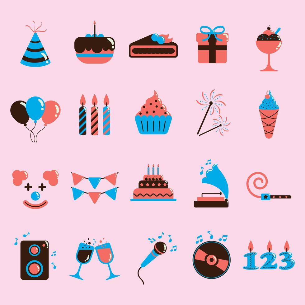 Collection of Illustrations of Party Equipment and Birthdays with Flat Design Style vector