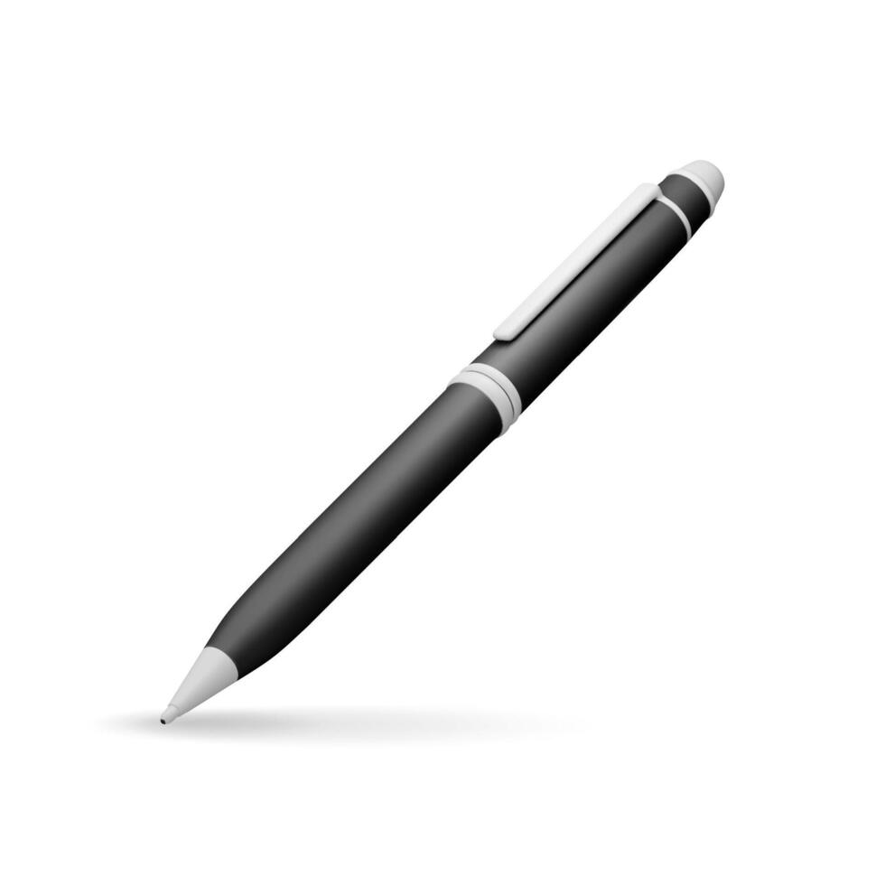 3D detailed classic ballpoint pen isolated on white. Render black pen with button. Office and school equipment vector