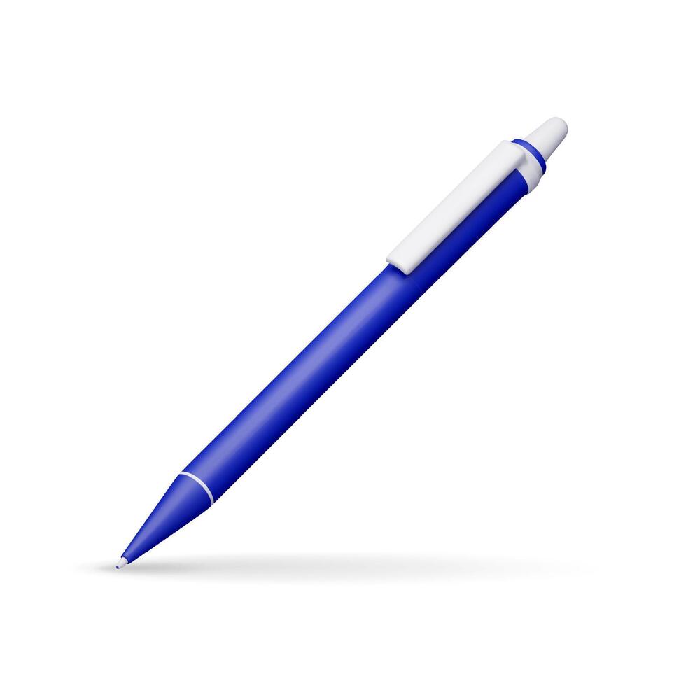 3D detailed classic ballpoint pen isolated on white. Render blue pen with button. Office and school equipment vector