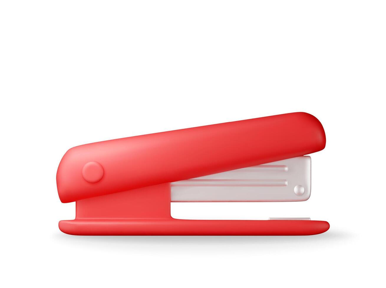 3D Red plastic stapler isolated on white. Render stapler tool icon. Device for fastening sheets. Office and school equipment, stationery or supply. vector