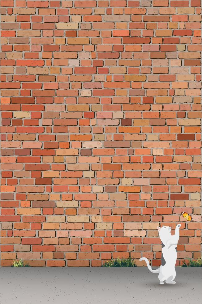 A cat playing with butterfly on sidewalk have old brick wall vertical background graphic illustration have blank space. vector