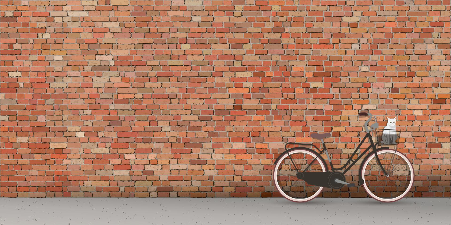 A bicycle leaning against an old brick wall on the sidewalk have a cat in basket graphic illustration have blank space. vector