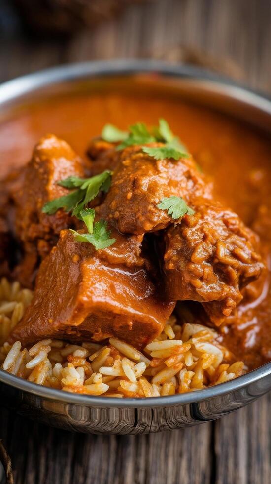 Indian curry with rice and meat in a bowl photo