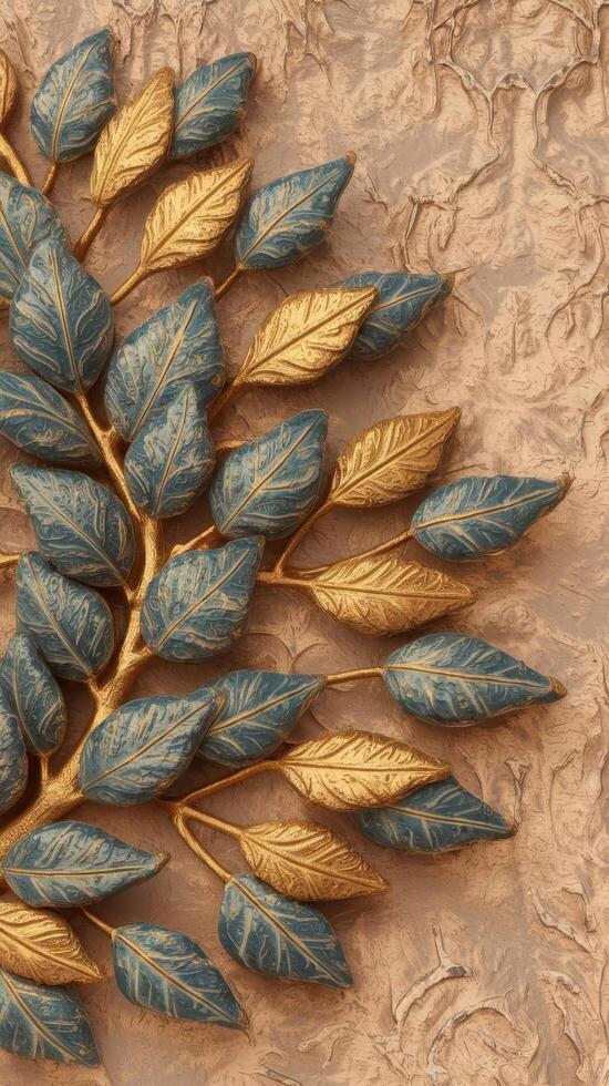 Golden and blueorange leaves on a rough beige background closeup leaves gold blue exotic decorative material for tloring floral style 3d illustration photo