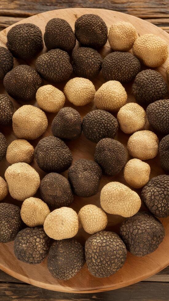 A plate of black and white truffles on a wooden table photo