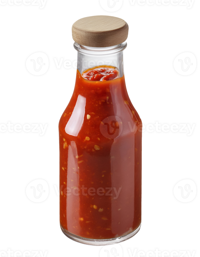 glass bottle of spicy chili sauce with wooden cap, thick red hot sauce with visible chili flakes, gourmet condiment, perfect for food packaging, branding, restaurant menu, on isolated background png