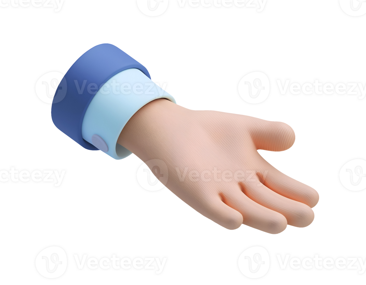 isometric 3d cartoon hand with blue sleeve, open palm gesture, friendly and welcoming design, modern minimalistic style, perfect for ui ux design, emoji, icon, on isolated background png