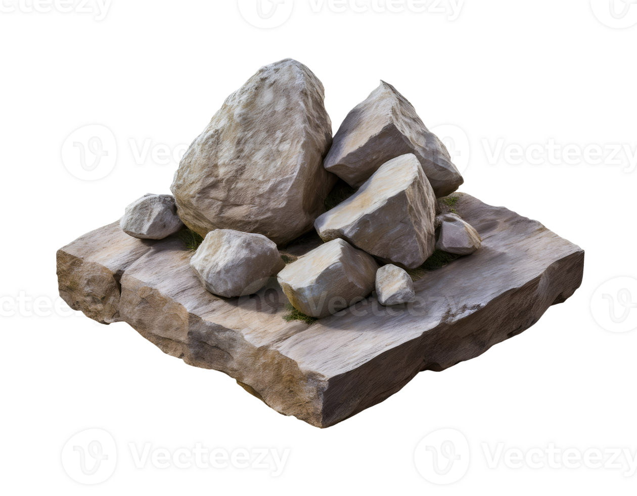 isometric 3d pile of natural rocks on stone platform, rugged terrain with detailed textures, realistic geology elements for game assets, environment design, on isolated background png