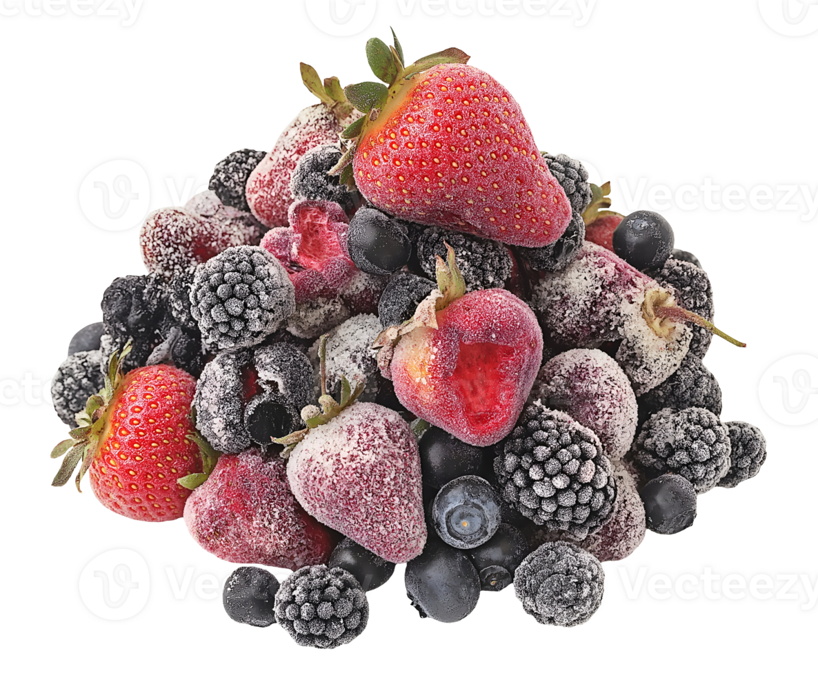 spoiled mixed berries including strawberries, blackberries, and blueberries, decayed fruit with frost damage and mold, decomposing produce with shriveled texture, on isolated background png