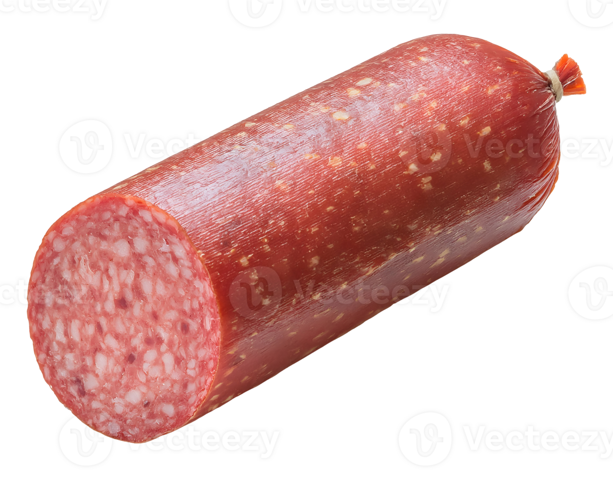 isometrisch 3d realistisch ganze Salami Würstchen mit ein geschnitten Ende, marmoriert geheilt Fleisch Textur, Prämie Feinkost Wurstwaren zum Gourmet Essen, Sandwich, und Vorspeise, auf isoliert Hintergrund png