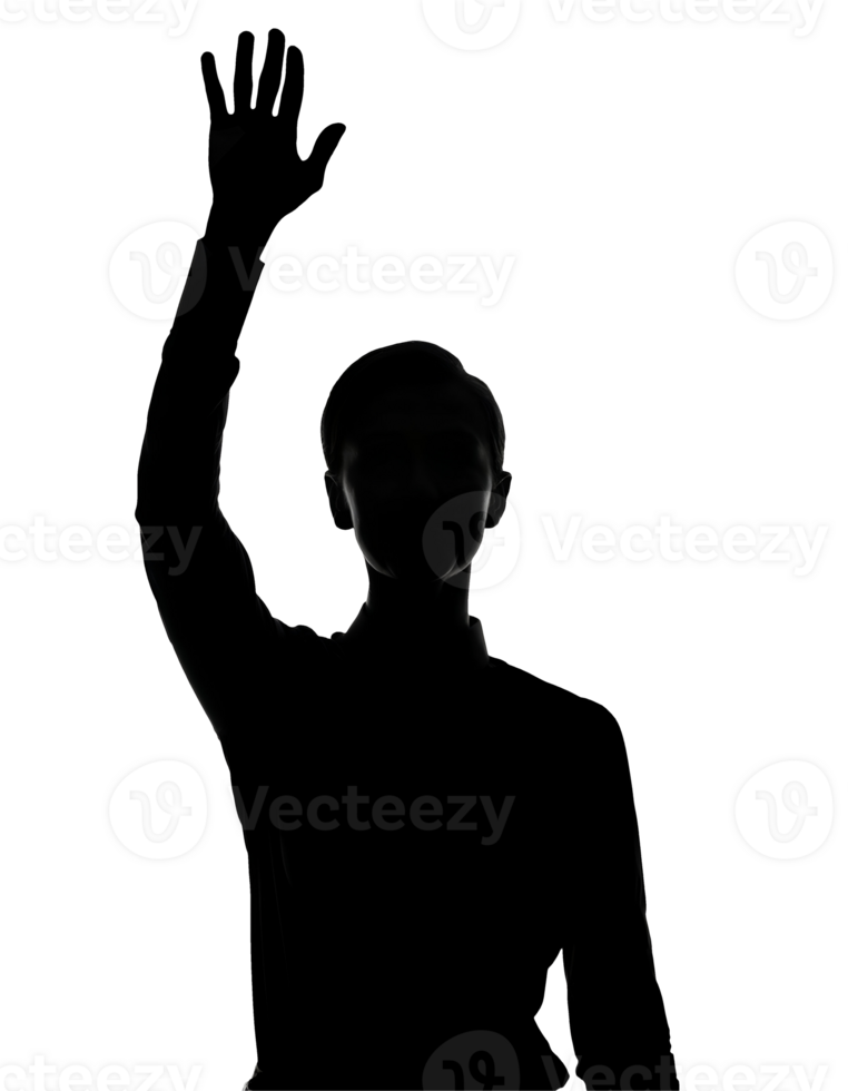 a clean 2d black silhouette of a person raising a hand in a meeting or classroom setting, symbolizing participation, attention, or questioning, on isolated background png