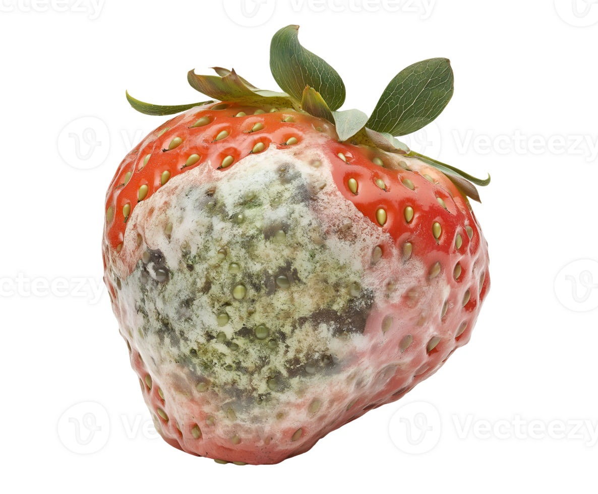 moldy strawberry with slimy texture and green fungal growth, spoiled berry with decayed surface and rotting interior, decomposing fruit with visible deterioration, on isolated background png