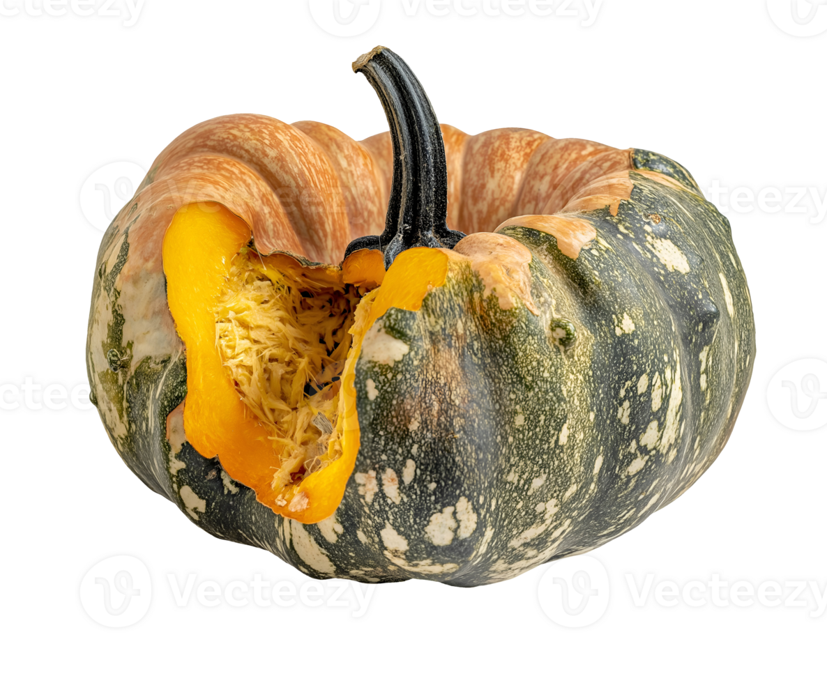 rotting pumpkin with collapsed shape and visible decay, spoiled gourd with moldy patches and decomposing interior, aged squash with wrinkled skin and exposed seeds, on isolated background png