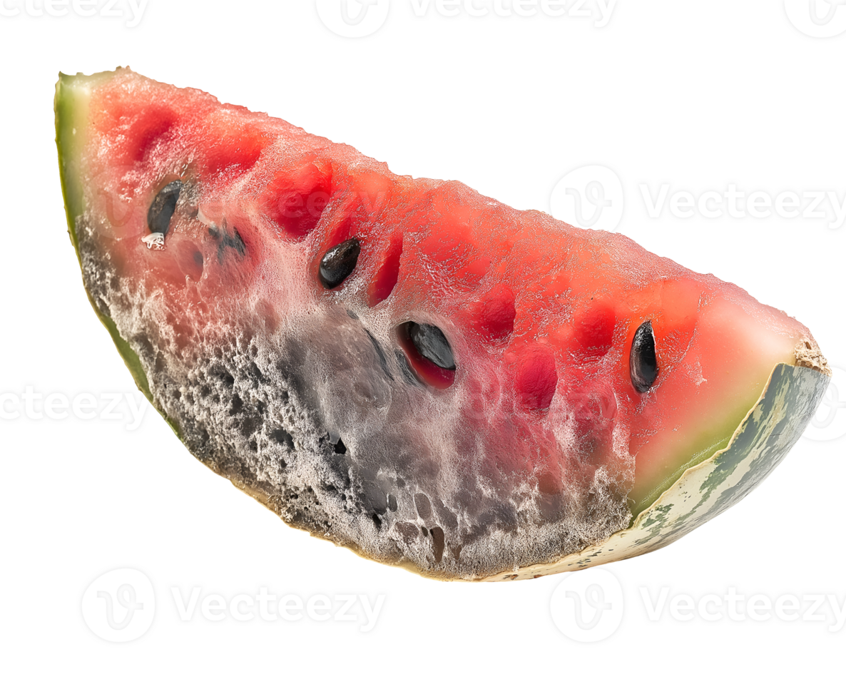 decayed watermelon wedge with soft watery texture and black mold, spoiled fruit slice with fungal contamination and decomposition, on isolated background png